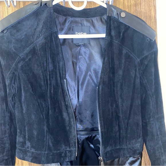 bebe Kate Drop Shoulder Suede & Leather Peplum Convertible Jacket - Picture 5 of 9